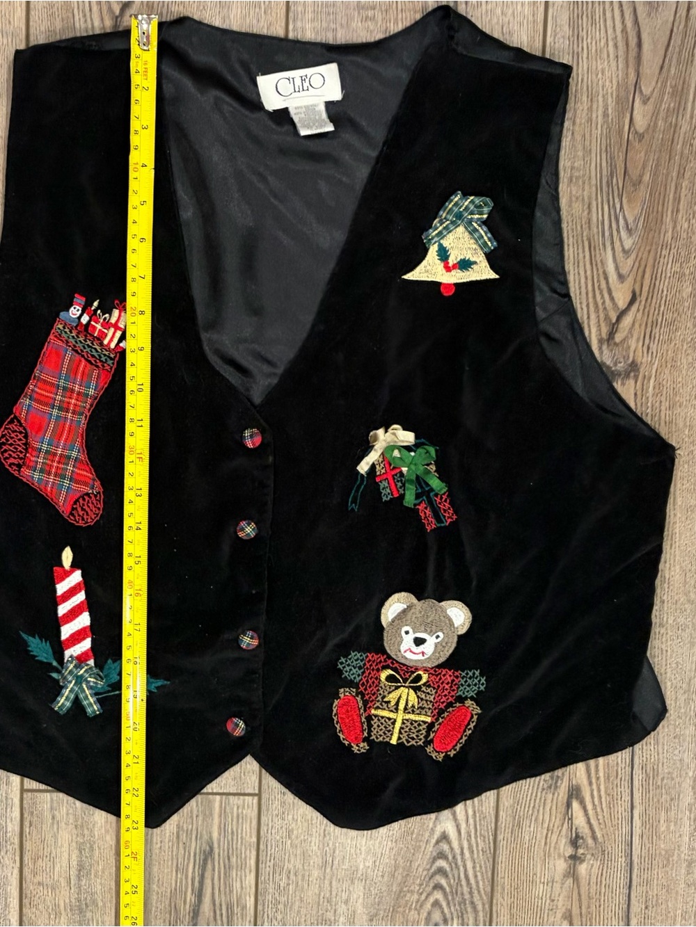 Vintage CLEO Christmas Holiday Vest Black Velvet Embroidered Teddy Bear XL - Picture 7 of 10